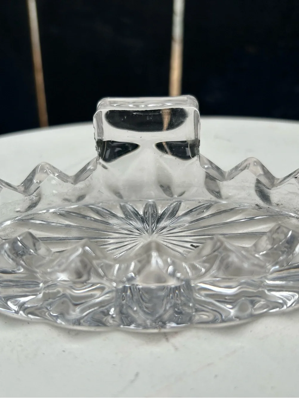 Fostoria American Clear glass individual ashtray with match stand